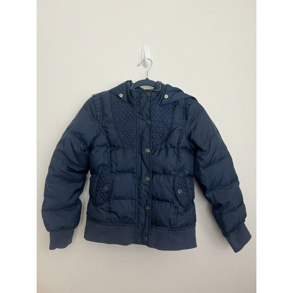 Y2K 90s Juicy Couture Puffer Jacket Navy Blue Hooded Bomber Streetwear Girls 10